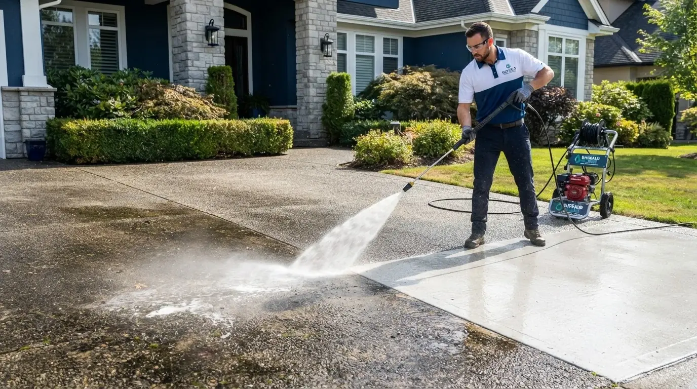 Pressure washing a concrete driveway in front of a home